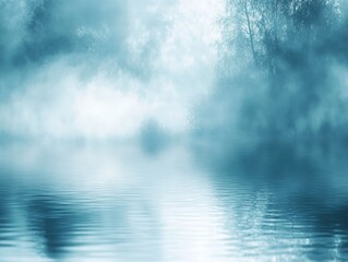 Misty Water Reflection with Foggy Trees in Blue Tones