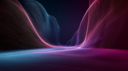 An abstract landscape of glowing magenta and blue lines flowing through a curving digital terrain. The wave-like shapes and lighting evoke a sense of depth and motion