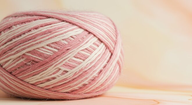 Photorealistic close-up of a loosely wound ball of natural fiber yarn. Crafting blogs or shops, articles on storytelling or connection, visuals for therapy or problem-solving (unraveling)