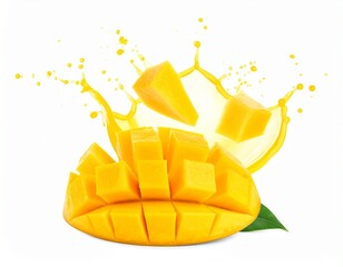 果汁のしぶきが飛び散る新鮮なマンゴー。AIで生成	
