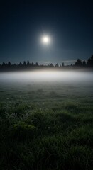 Naklejka premium Green Field Covered in Mist Illuminated by Moonlight and Stars at Night