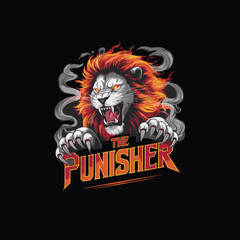 Ferocious digital artwork of a roaring lion with sharp claws and a fiery mane, surrounded by smoky effects. The design includes bold text 'The Punisher,' making it a perfect fit for streetwear, esport