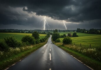 Road through countryside with lightning strikes in stormy sky view