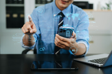 Cyber security and data protection. Business using computer and  tablet protecting business and...