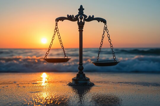 Scales of justice on a sandy beach with a beautiful sunset in the background. It can symbolize law, equality, fairness, balance, or legal matters.