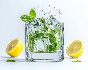 Refreshing iced drink with lemon and mint