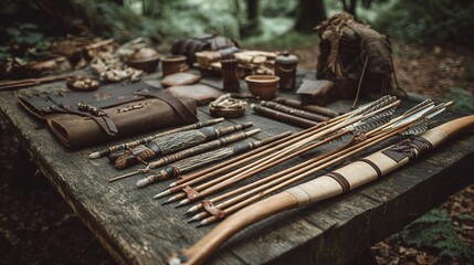 Rustic archery display on wooden table