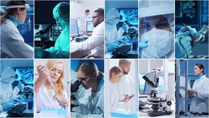 Technology and medical concept. Scientists, lab equipment and microscopes in biomedical innovations and clinical studies. Ideal for educational content. Vertical videos.