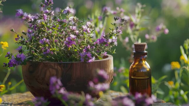 cumin essential oil and mortar. Selective focus