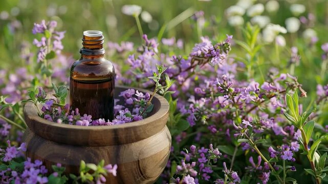 cumin essential oil and mortar. Selective focus