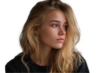 Portrait of a young woman with long blonde hair and a pensive expression against a a stunning image of feminine beauty and on transparent background