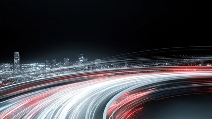 Dynamic Red Light Trails on Highway Overlooking City Skyline at Night highway night city skyline sky