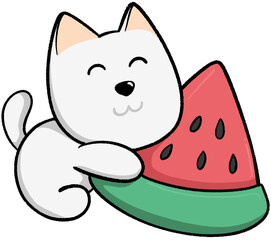 cartoon white dog holding watermelon slice