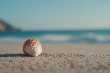 Obraz premium A seashell sits on sand with the ocean and blue sky blurred behind. Use this image to represent beaches, summer, and travel themes.