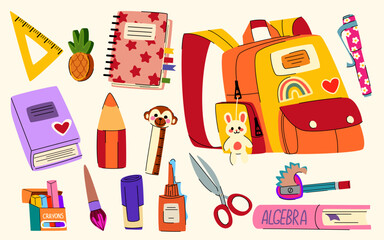 School stationery sticker pack - cute cartoon supplies with backpack and notebook, pencil and ruler, crayon and scissors. Colorful fun set kids learning tools, organizers isolated on beige background. - obrazy, fototapety, plakaty