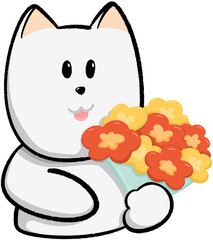 cartoon white dog holding orange flowers