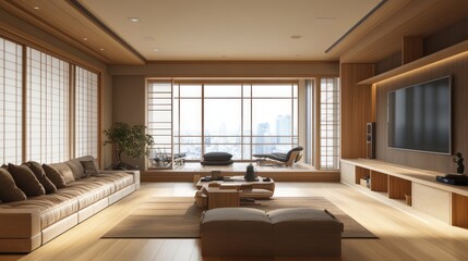 Fototapeta premium Modern minimalist living room with city view and natural light