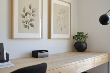 Minimalist Wooden Desk With Art Prints And Plant Decor