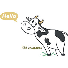 Minimalistic vector logo for greetings eid ul adha with moon, cow, goat and mosques