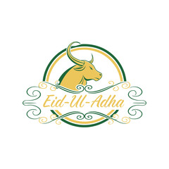 Minimalistic vector logo for greetings eid ul adha with moon, cow, goat and mosques