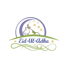 Minimalistic vector logo for greetings eid ul adha with moon, cow, goat and mosques