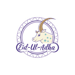 Minimalistic vector logo for greetings eid ul adha with moon, cow, goat and mosques
