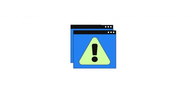 Error messages web multiple popups appearing 2D cartoon object animation. Overlapping browser windows with alert triangle and exclamation mark animated flat colorful item 4K video isolated on white