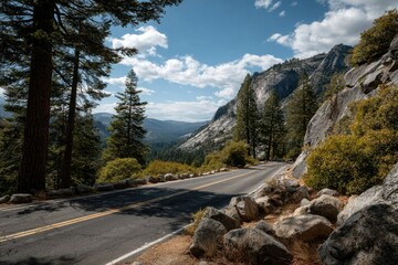 Mountain Road View with Trees and Clouds