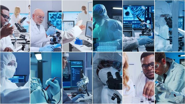 Technology and medical concept. Scientists, lab equipment and microscopes in biomedical innovations and clinical studies. Ideal for educational content. Vertical videos.