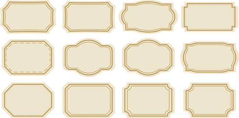 Vintage elegant label badges, vector tag frames gold and beige retro simple packaging shape clip art elements, isolated set