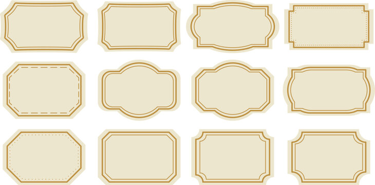 Vintage elegant label badges, vector tag frames gold and beige retro simple packaging shape clip art elements, isolated set