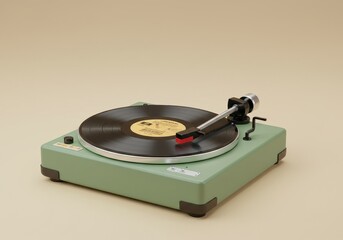 Green Turntable with Vinyl Record Player on Cream Background