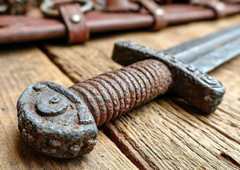 Rusty sword hilt on wooden table