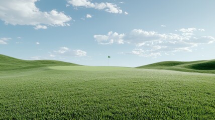 Obraz premium Lush Green Golf Course Putting Green with Flag on a Sunny Day golf green flag lush golf course sport