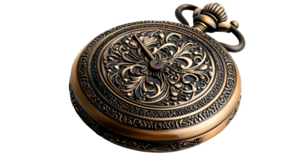 Ornate Antique Pocket Watch with Purple Jewel, cut out transparent