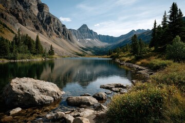 Fototapeta premium Serene Mountain Lake: Majestic Peaks Reflected in Tranquil Waters