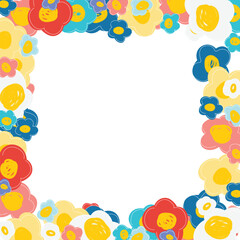 Colorful cute floral frame. Naive art, hand drawn children illustration. Doodle flowers border.