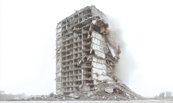 Grey Concrete Building Demolition Dust Cloud Isolated White Background