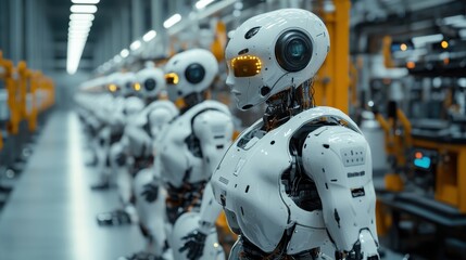 Fototapeta premium Humanoid Robots in a Futuristic Factory Setting