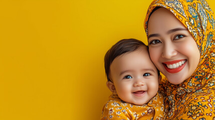 Portrait of happy Indonesian muslim mom and baby bonding and smiling together. Beautiful photo, poster for mother’s day. Happy family. Young woman with child, wearing colorful clothing.