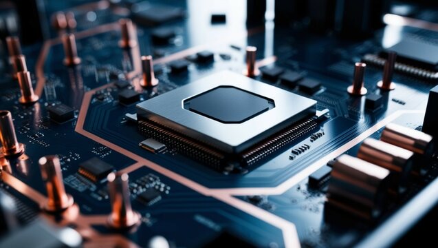 A computer motherboard, showing the intricate details of its components. The centerpiece is the rectangular CPU with a metal finish, surrounded by copper circuitry and connectors.