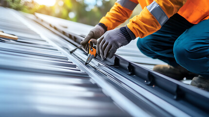 Worker Installing Solar Panels on Roof