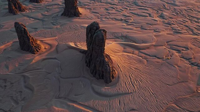 Mysterious stone pillars surrounded by textured sand evoke memory time transience shadow play enhancing atmosphere of change reflection and impermanence
