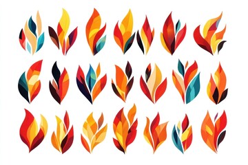 Colorful abstract flame icons; design elements; white background; graphic design