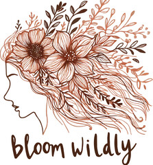 Whimsical woman face with floral hair – elegant botanical  line art illustration. Generative AI.