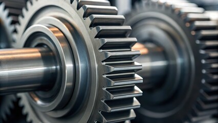 Fototapeta premium Close-up of metallic gears interlocking, showcasing precision engineering and industrial design in motion.