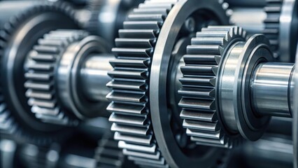 Fototapeta premium Close-up of interlocking metallic gears showcasing industrial machinery components in a sleek, modern design.