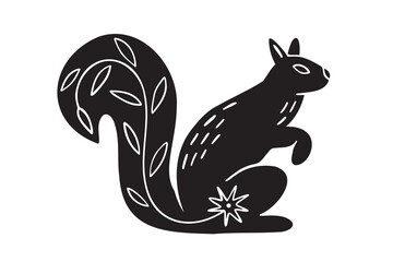 squirrel silhouette monochrome with patterns illustration. Trendy creative fabulous mystic folklore 