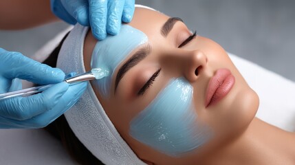 A close-up of an esthetician applying a blue jelly mask to a woman's face for skin care and treatment.