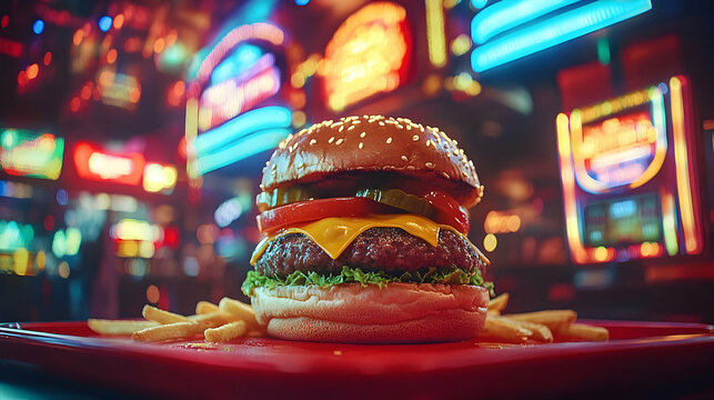 Juicy cheeseburger with fries neon background fast food restaurant gambling